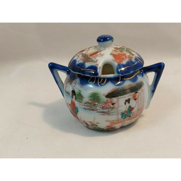Antique Moriage Japan Porcelain Sugar Bowl w/lid Marked 3" tall Geisha scene - Picture 2 of 12